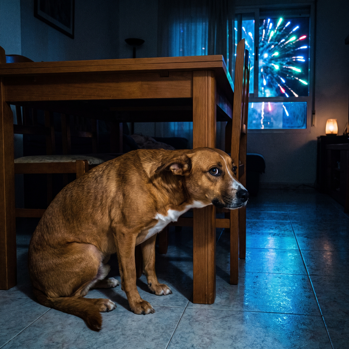 Perro asustado bajo la mesa durante los fuegos artificiales