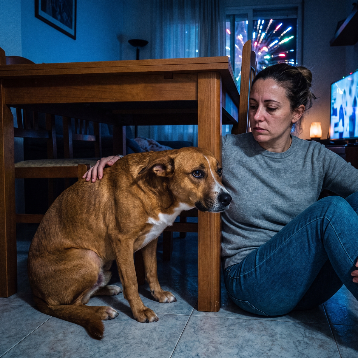 Dueña intentando calmar a su perro asustado por el ruido