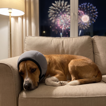 Perro tranquilo en el sofá con la capucha calmante durante los fuegos artificiales